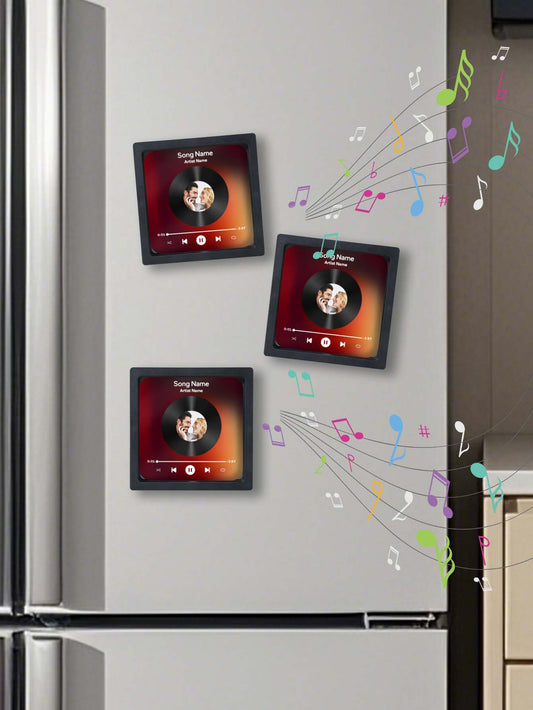Personalised Photo Vinyl Record Fridge Magnet showing couple photo with vinyl-look centre and custom song title ideal personalised music memory gift