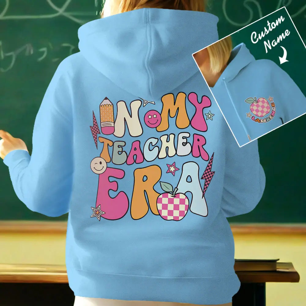 Close-up of sleeve and cuff on personalised teacher hoodie — durable stitching and comfortable finish for daily wear