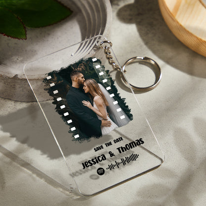 Personalised Spotify Music Photo Plaque and Custom Keychain in clear acrylic, featuring a high-resolution photo and an engraved Spotify code.