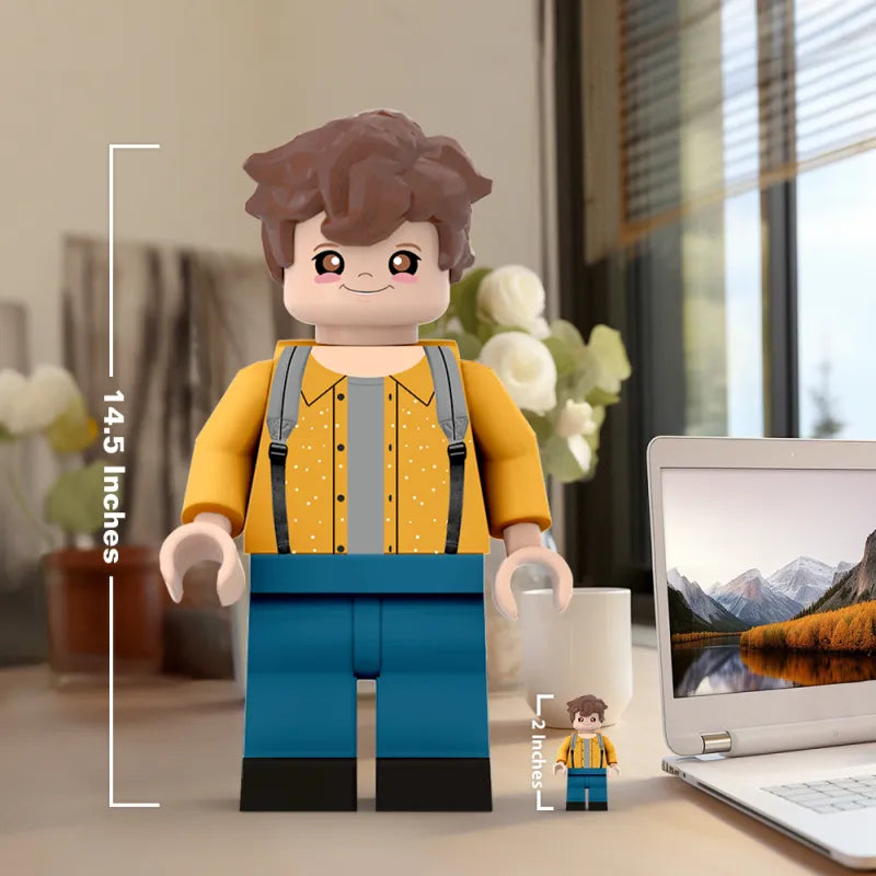 Scale comparison illustrating size of a personalised 3D printed giant minifig next to a common object — life‑stature full‑body custom minifigure