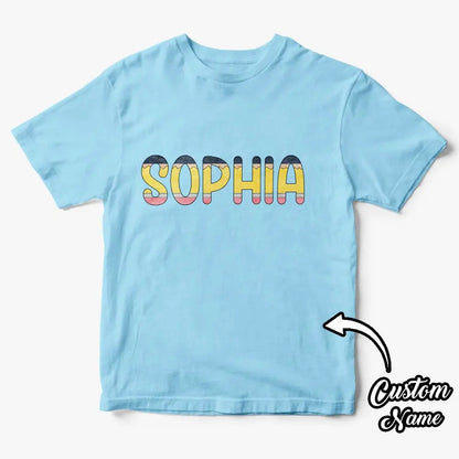 Care instructions label and machine‑wash guidance on personalised polyester school T‑shirt