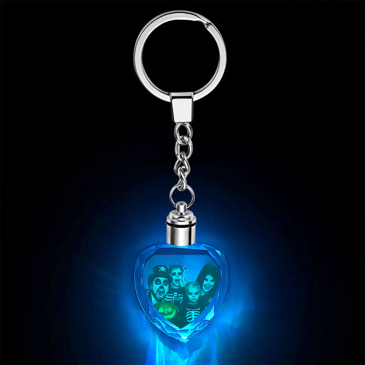 Personalised photo heart crystal LED keyring with laser-etched image and colourful gradient glow — custom engraved keepsake
