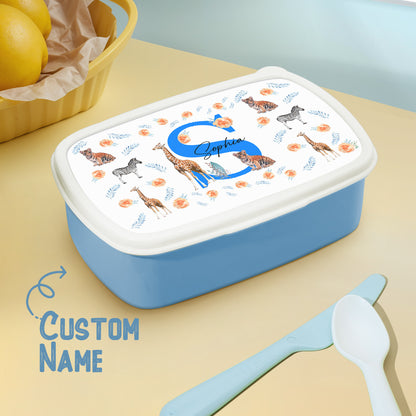 Personalised cute animals lunch box with name — colourful front view of kids' lunch box, perfect birthday or back-to-school gift