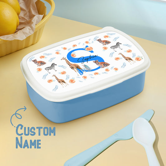 Personalised cute animals lunch box with name — colourful front view of kids' lunch box, perfect birthday or back-to-school gift