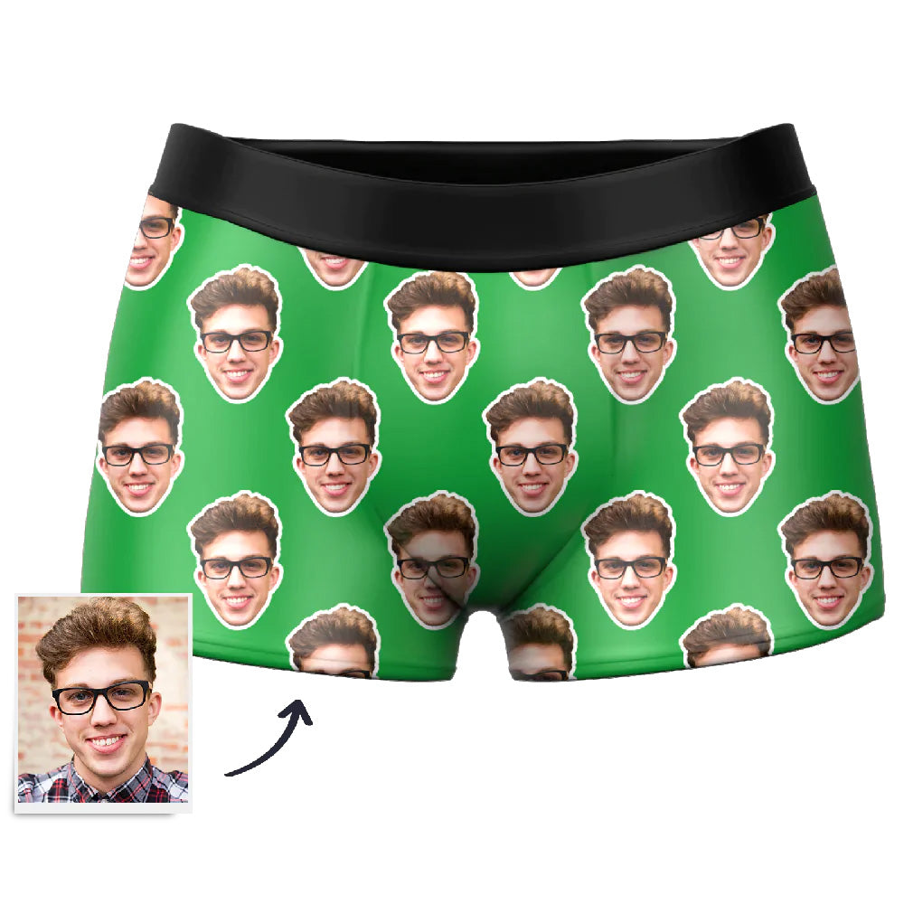 Folded personalised photo boxer shorts showing front and back prints — heat transfer printing for crisp, long‑lasting images