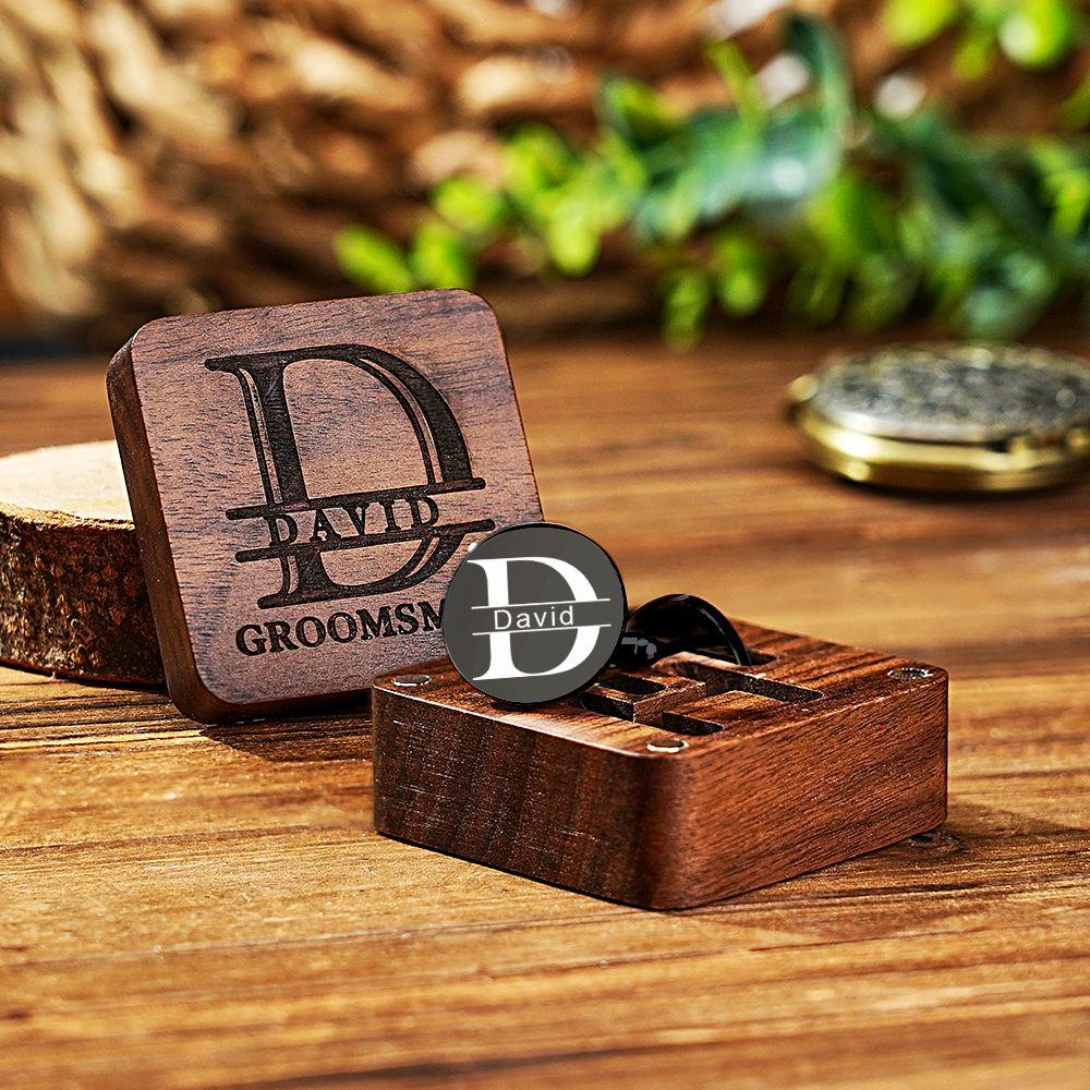 Personalised Engraved Cufflinks Set in Wooden Box | Wedding Gift for Groomsmen