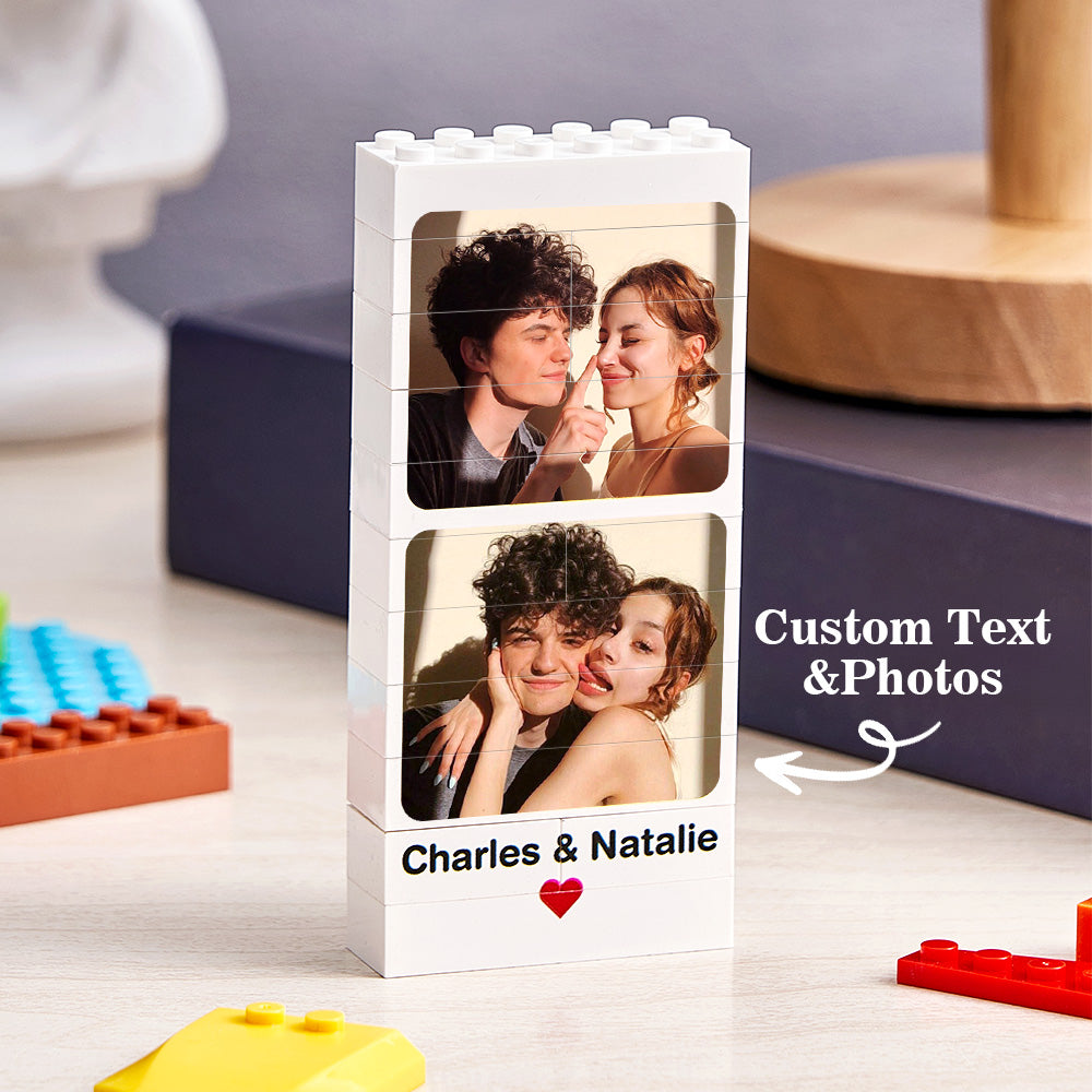 Personalised Photo Building Block Brick Puzzle displayed on a surface with a crisp custom photo print — unique personalised photo gift for lovers and anniversaries