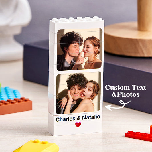 Personalised Photo Building Block Brick Puzzle displayed on a surface with a crisp custom photo print — unique personalised photo gift for lovers and anniversaries