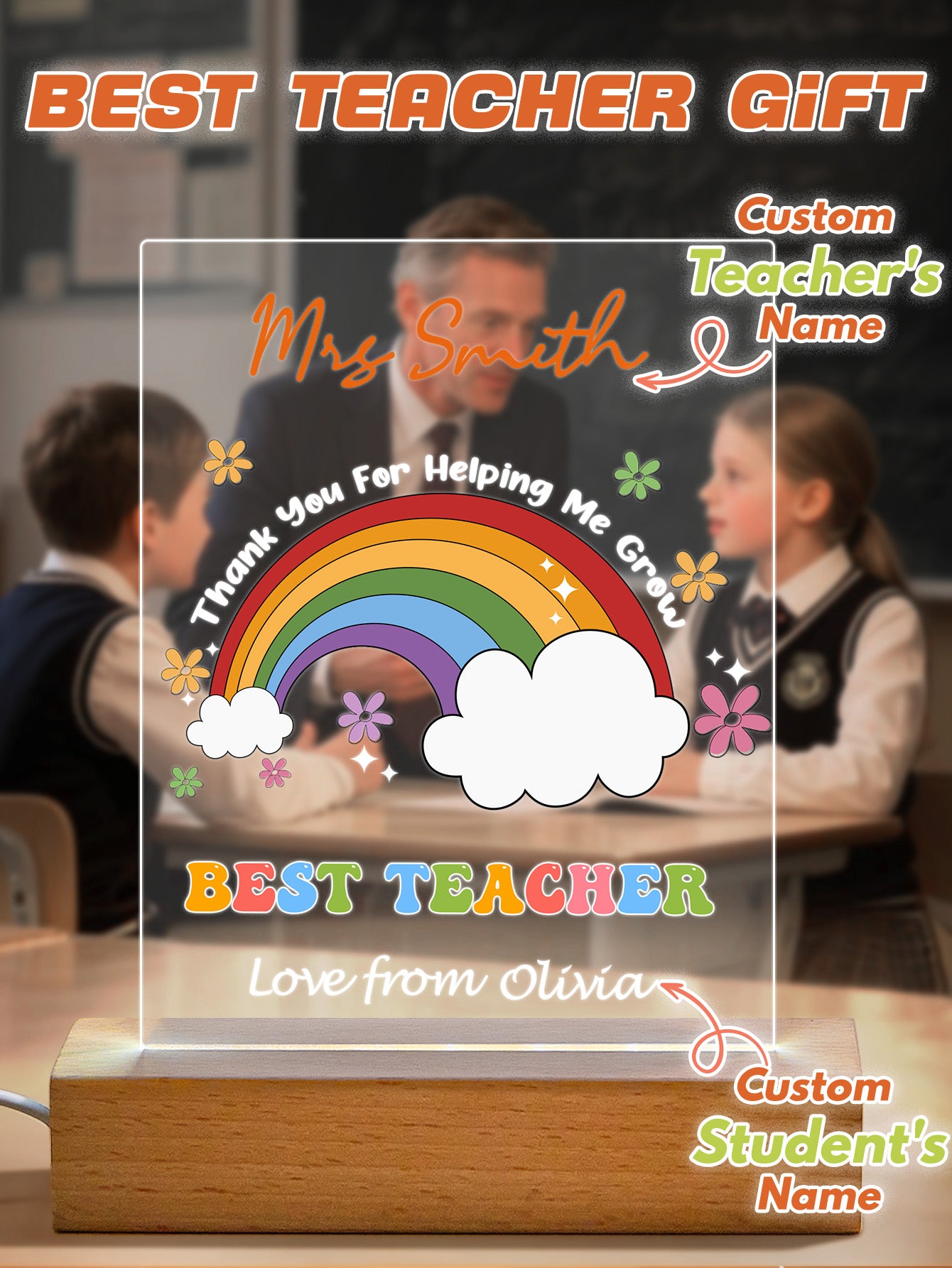 Personalised Rainbow Name Night Light - Custom Teacher & Student Gift