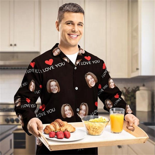 Custom Face 'Love You' black pyjamas set – personalised face printed on long‑sleeve button‑up top with lapel collar and matching elastic‑waist trousers, unisex couple sleepwear