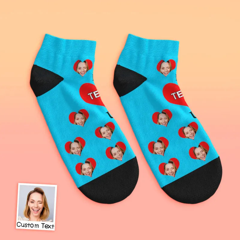 Pair of Custom Face Low-Cut Ankle Socks laid flat showing full personalised design and affectionate 'I Love U Mum' text