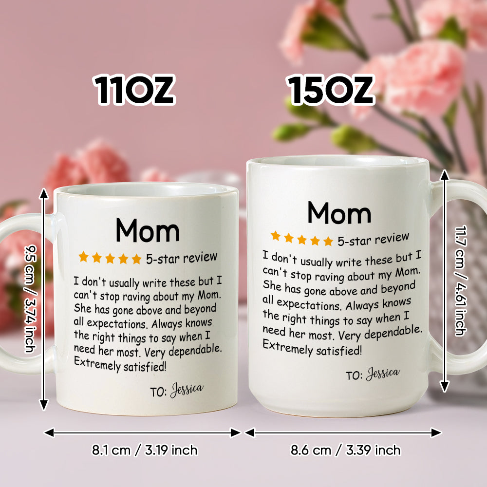 Selection of personalised five-star review mugs showing different custom names — bespoke coffee mugs for mothers in the UK and Australia