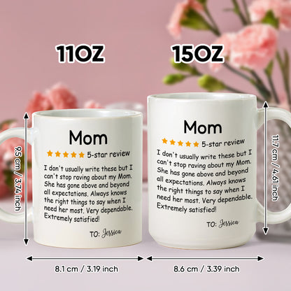 Selection of personalised five-star review mugs showing different custom names — bespoke coffee mugs for mothers in the UK and Australia