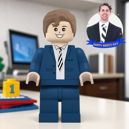 Full‑body giant personalised minifig modelled from a front‑facing photo, showing customised hairstyle, facial expression and clothing — a unique personalised brick figure and personalised photo gift ideal for Boss's Day.