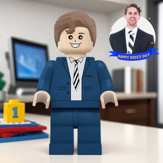 Full‑body giant personalised minifig modelled from a front‑facing photo, showing customised hairstyle, facial expression and clothing — a unique personalised brick figure and personalised photo gift ideal for Boss's Day.