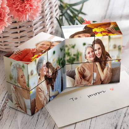 Close-up detailing printed image quality and cube mechanism on a wooden personalised photo cube — premium custom keepsake