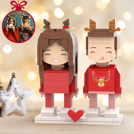 Personalised Christmas elk couple brick figures with custom heads in festive elk outfits - 2-person mini brick toys, personalised gift for couples