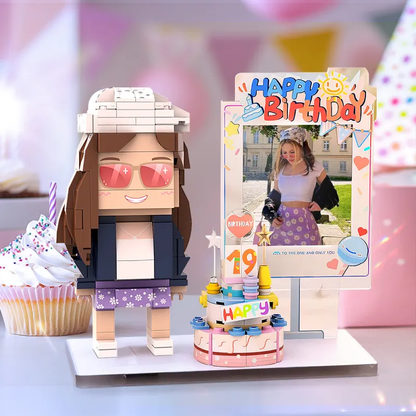 Personalised full-body birthday brick figure – custom interlocking one-person block toy in full-body pose, ideal personalised photo gift or party keepsake