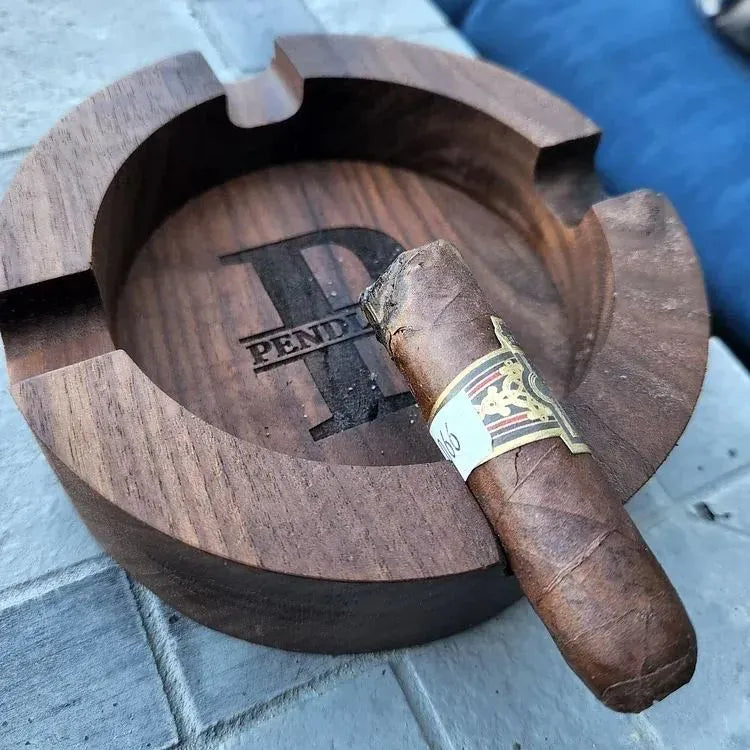 Handcrafted personalised walnut ashtray – top view of engraved wooden cigar rest with polished grain, perfect Father's Day gift