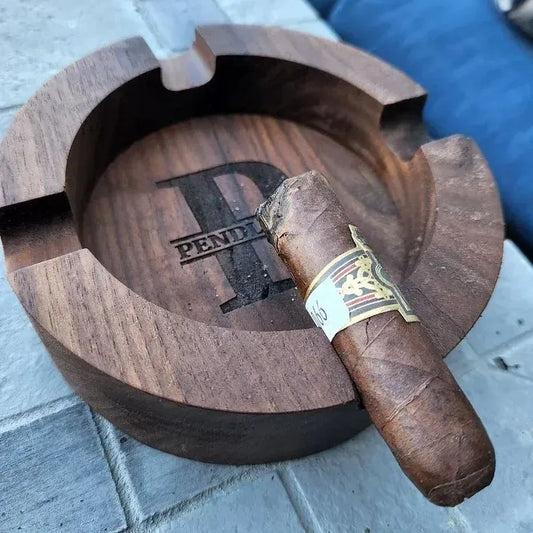 Handcrafted personalised walnut ashtray – top view of engraved wooden cigar rest with polished grain, perfect Father's Day gift