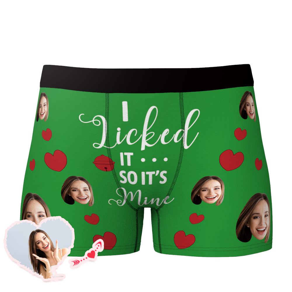 Model wearing 'I Licked It So It's Mine' custom boxer briefs – supportive boxer brief fit with soft stretch fabric and comfortable elastic waistband, ideal personalised gift