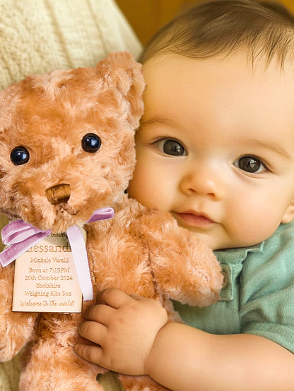Personalised Birth Announcement Bear plush in alternate colour option with embroidered custom birth stats