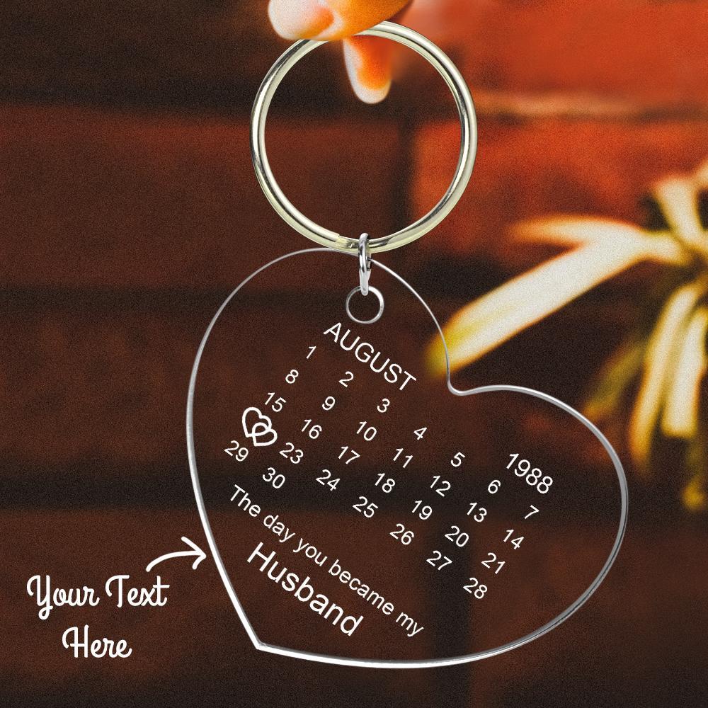 Personalised clear acrylic calendar keyring with photo and highlighted date ideal anniversary keepsake and photo keyring