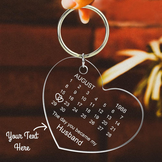 Personalised clear acrylic calendar keyring with photo and highlighted date ideal anniversary keepsake and photo keyring