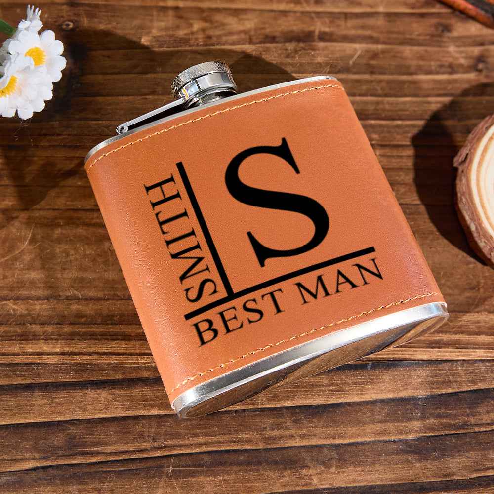 Personalized Name PU Leather Flask Stainless Steel 6oz Whiskey Flask Gift for Men
