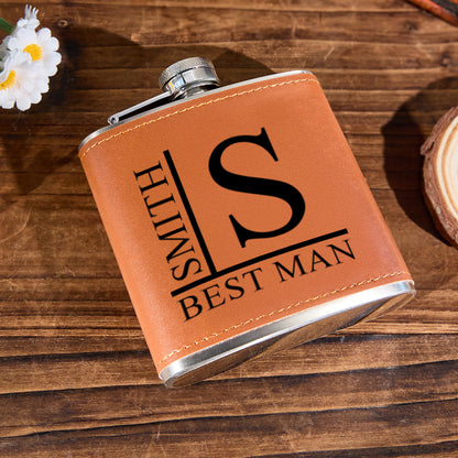 Detail of reinforced PU leather stitching and stainless steel rim on personalised 6oz whisky flask - durable, stylish gift for him