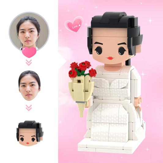 Personalised bride with roses brick figure – custom 1-person photo-to-brick figure in eco-friendly ABS, front-facing bride holding bouquet, bespoke wedding keepsake