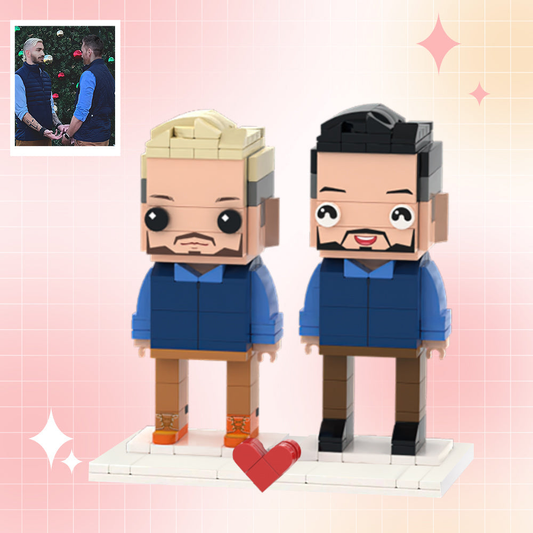 Custom brick figures for two people — personalised brother gift showing detailed hairstyles, expressions and outfits, handcrafted ABS eco-friendly collectible