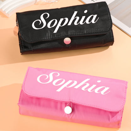 Personalised make-up brush bag open with brushes inside — compact 22cm x 10cm cosmetic pouch for travel and everyday organisation