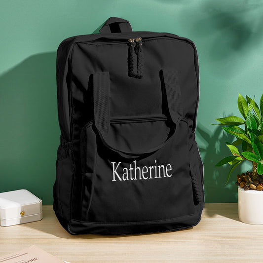 Front view of personalised name embroidered backpack in durable nylon — a stylish custom travel bag gift for friends with spacious main compartment and zip closures
