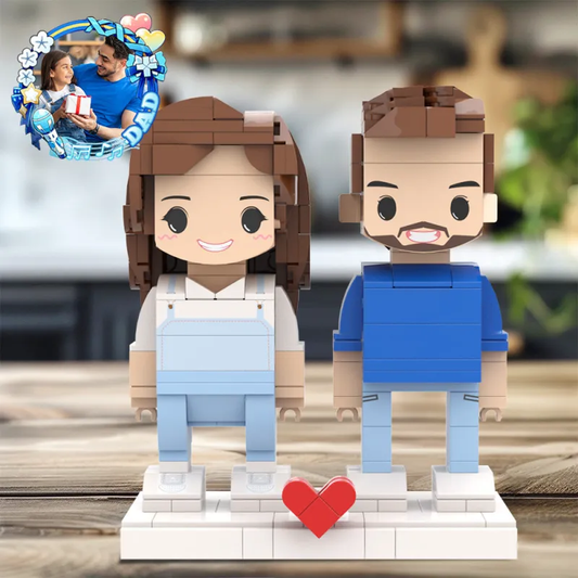 Personalised Dad and Daughter brick figures – custom full-body 2-person block miniatures with AI-generated heads on a display base, eco-friendly ABS keepsake