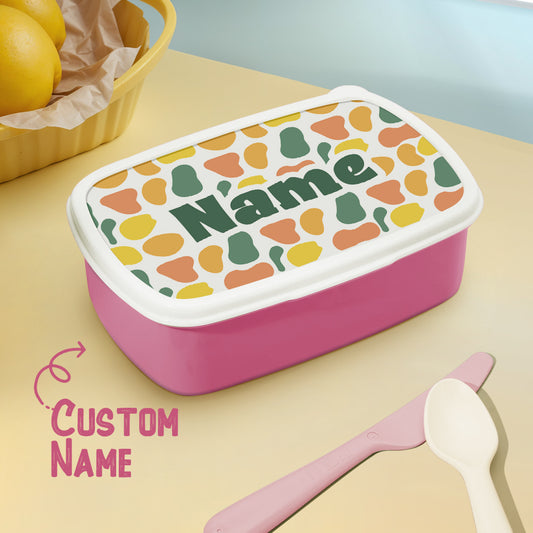 Personalised colourful kids lunch box with name on a bright pattern — plastic school lunch box ideal as a birthday gift