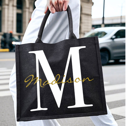 Visual of the customisation and ordering process for the personalised black canvas tote — upload assets, production, quality inspection and dispatch