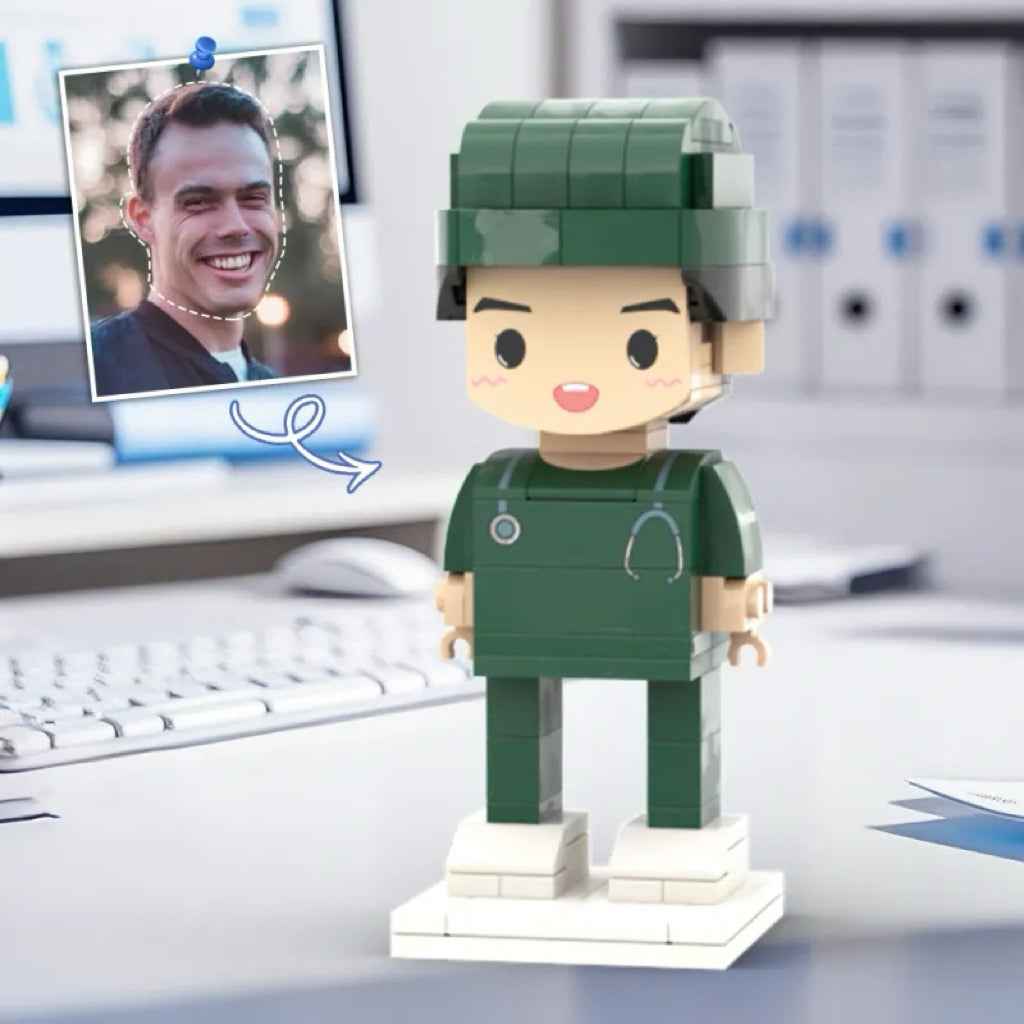 Personalized Head Custom Text Brick Figures Wearing Green Uniform Doctor's Day Gift Career Gift