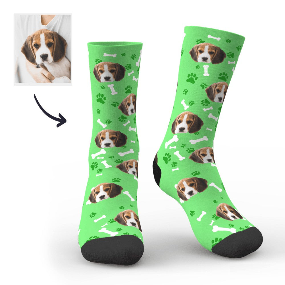 Child wearing personalised dog avatar photo socks — kids custom printed socks, ideal personalised keepsake gift