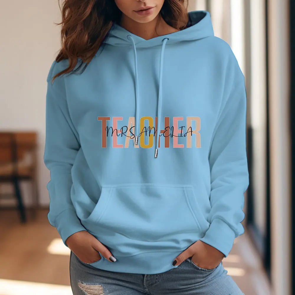 Close-up fabric texture of polyester personalised teacher hoodie — soft, durable material ideal for everyday wear and a practical teacher appreciation present