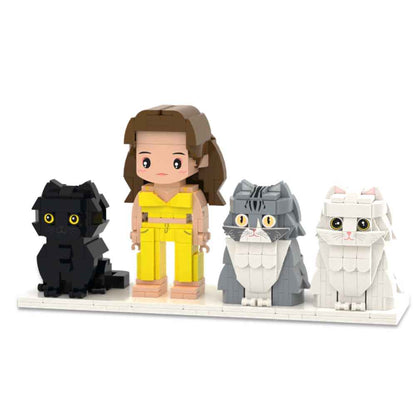 Custom Full-Body Cute Brick Figures of 1 Person and 3 Cats Personalized Anniversary Gift Birthday Gift