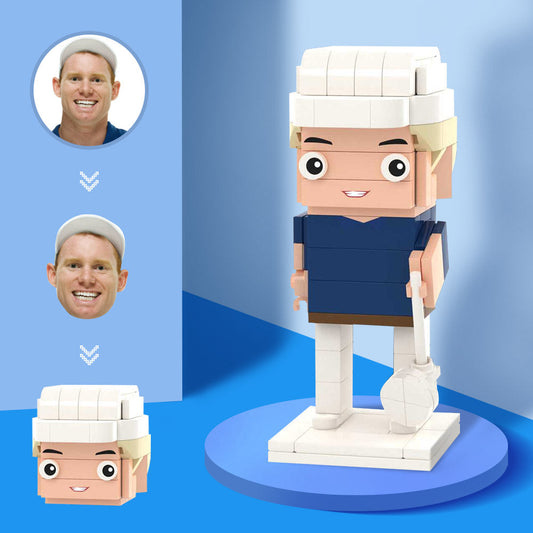Personalised male golfer brick figure with custom head crafted from small particle blocks – bespoke brick art personalised golf gift