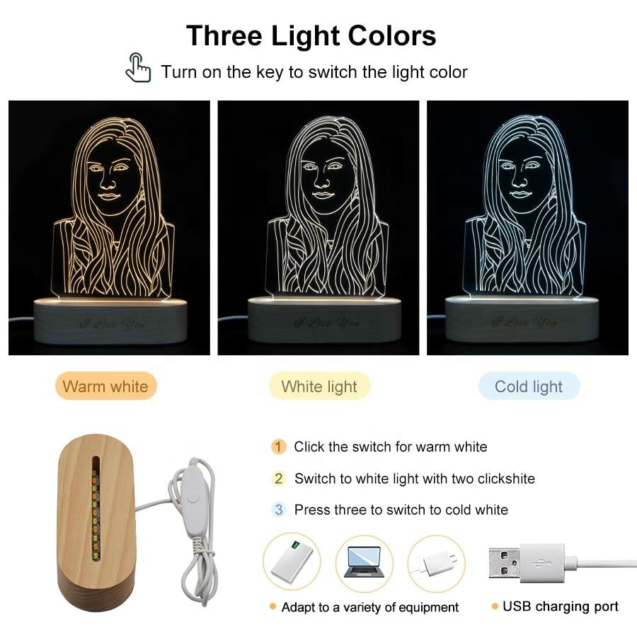 Personalised 3D Acrylic Photo Lamp with Engraved Wooden Base | Custom Night Light