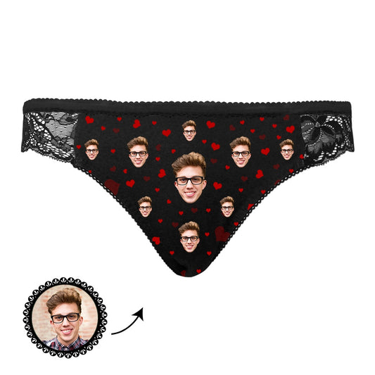 Front view of Personalised Face Underwear — Heart Lace women's panties with custom heart photo print on soft polyester, ideal romantic personalised gift