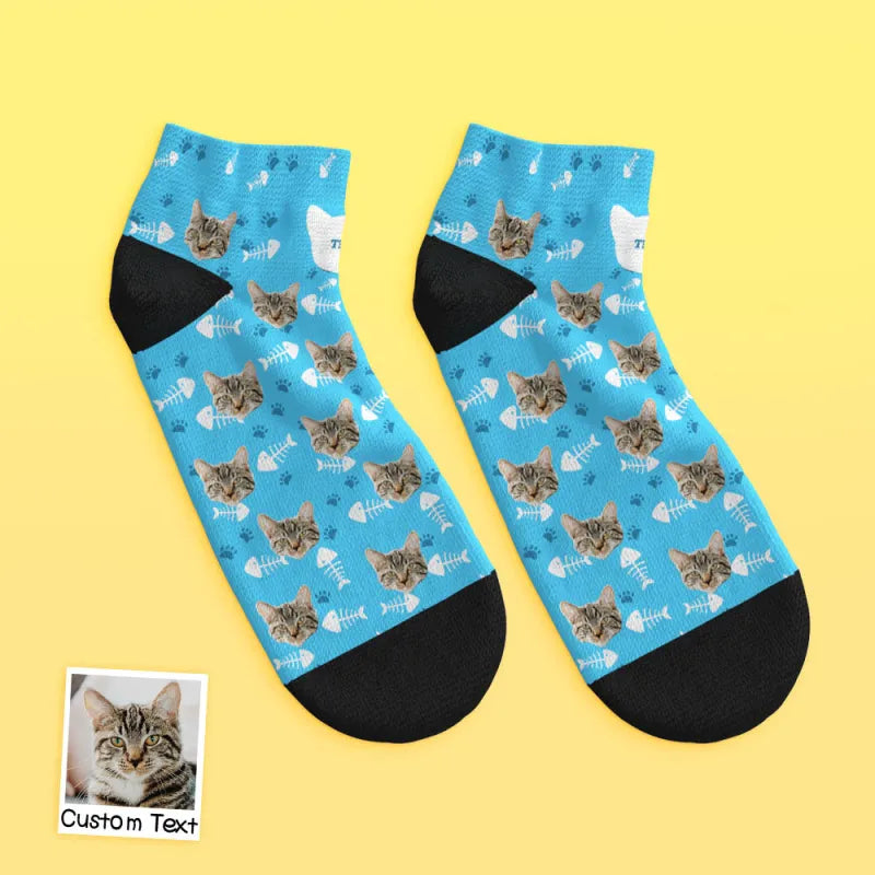 Model wearing personalised cat face low-cut ankle socks comfortable everyday cat lover present