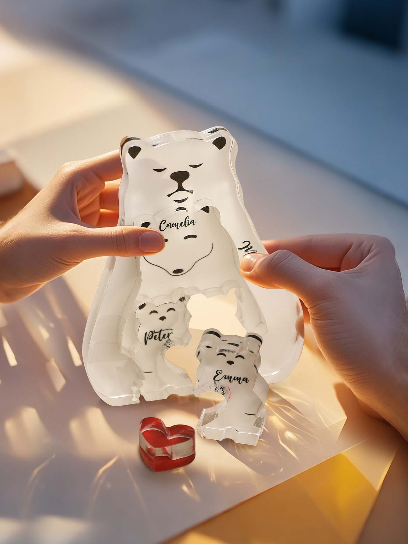 Close-up of personalised bear family puzzle engraving on premium acrylic, highlighting custom text and fine laser-cut detail — ideal single-parent keepsake