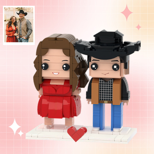 Personalised custom brick figures of two people - LEGO-style couples gift with customised hairstyles and outfits
