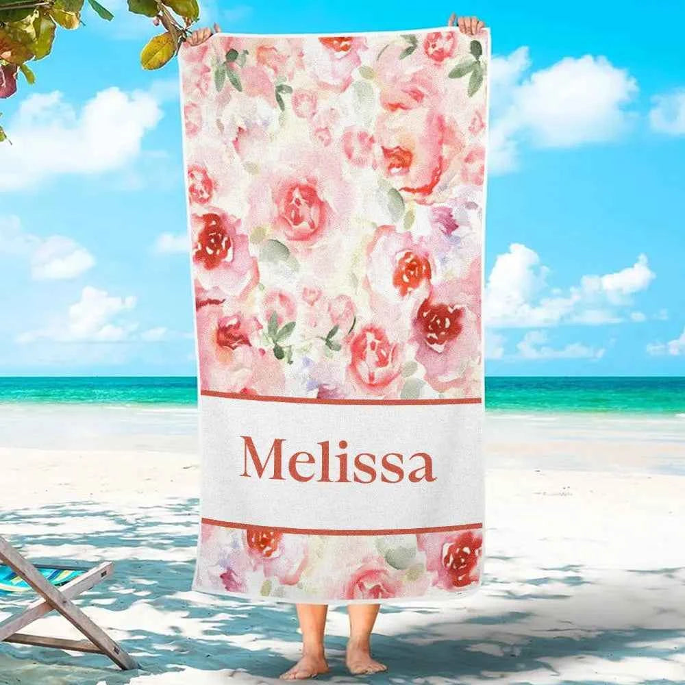 Personalized Watercolor Flower Beach Towel with Name Beach Accessories Gift for Her