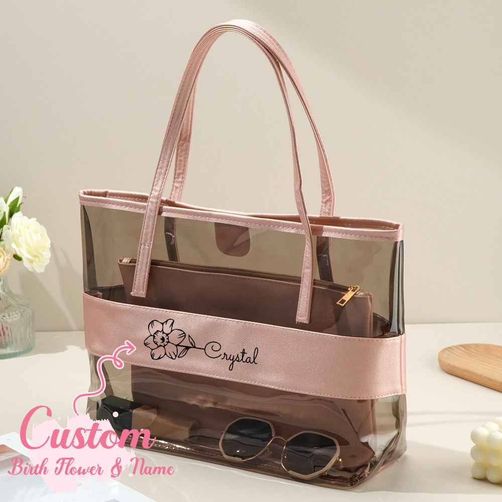 Personalized Birth Flower Clear Tote Bag with Name Birthday Bridesmaid Gift for Her