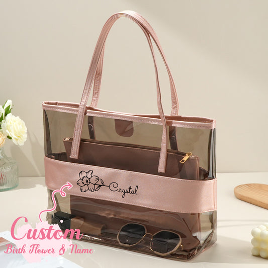 Personalised clear tote bag with name and birth flower motif, PVC outer and removable PU inner pouch — perfect bridesmaid or birthday gift